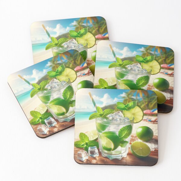 Item preview, A refreshing mojito cocktail with lime and mint, on a wooden table with a beach background designed and sold by homydesign.