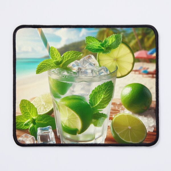 Item preview, A refreshing mojito cocktail with lime and mint, on a wooden table with a beach background designed and sold by homydesign.