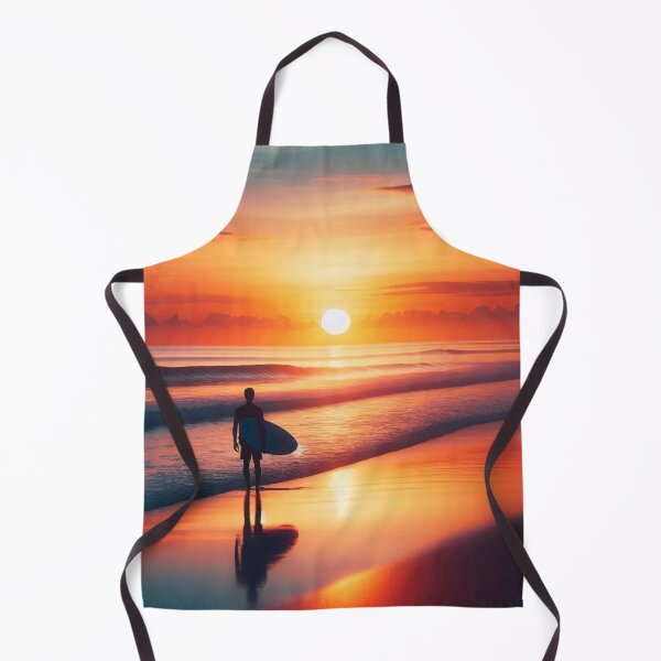 Item preview, A lone surfer stands on a beach at sunset, holding a surfboard, with vibrant orange and pink hues reflecting off the water and sky designed and sold by homydesign.