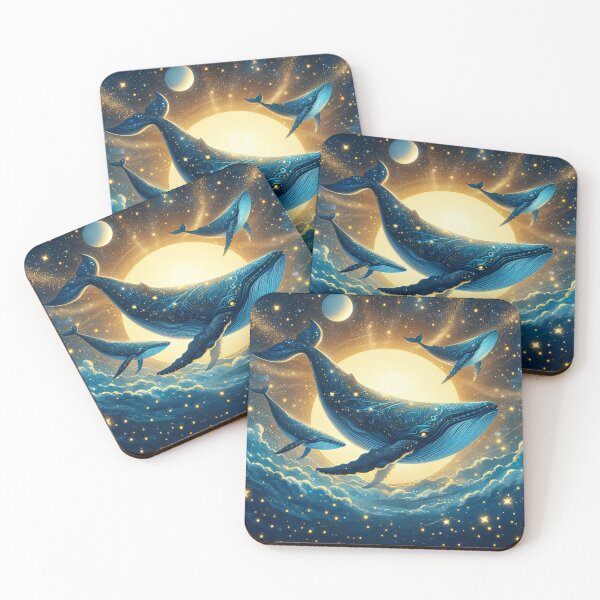 Item preview, Whales soar through a starry sky, their graceful forms illuminated by the moon. Clouds and a distant ocean create a dreamlike atmosphere designed and sold by homydesign.