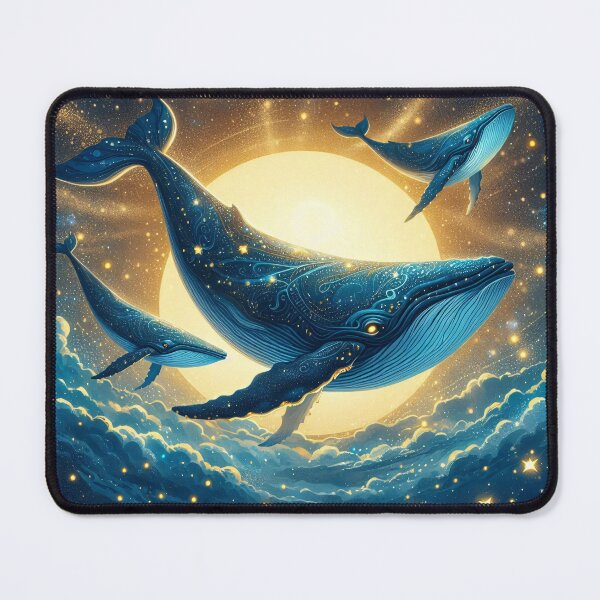 Item preview, Whales soar through a starry sky, their graceful forms illuminated by the moon. Clouds and a distant ocean create a dreamlike atmosphere designed and sold by homydesign.
