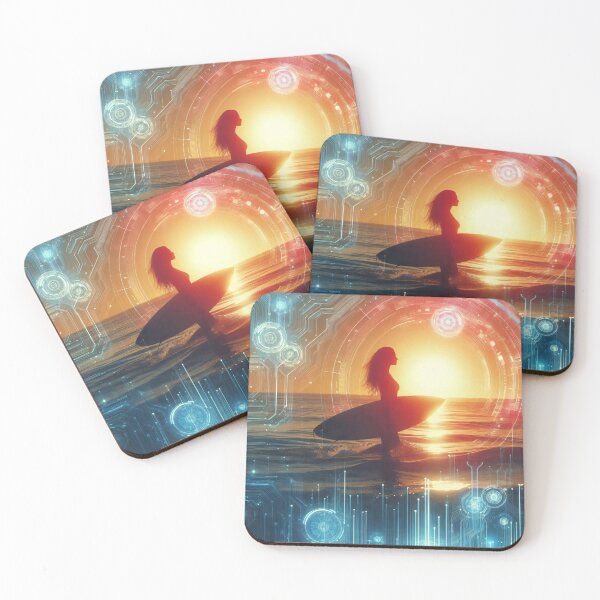 Item preview, Silhouette of a surfer at sunset intertwined with futuristic digital patterns designed and sold by homydesign.