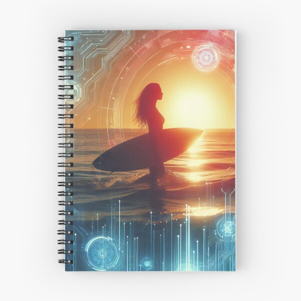 Item preview, Silhouette of a surfer at sunset intertwined with futuristic digital patterns designed and sold by homydesign.