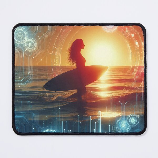 Item preview, Silhouette of a surfer at sunset intertwined with futuristic digital patterns designed and sold by homydesign.