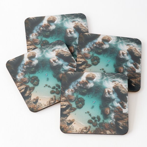 Item preview, Aerial view of a person floating in a serene sea cove surrounded by rugged cliffs designed and sold by homydesign.
