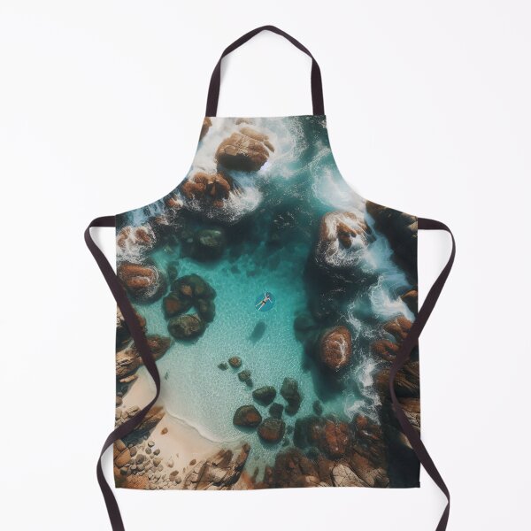 Artikelvorschau, Luftaufnahme einer Person, die in einer ruhigen Meeresbucht schwimmt, umgeben von schroffen Klippen entworfen und verkauft von homydesign.