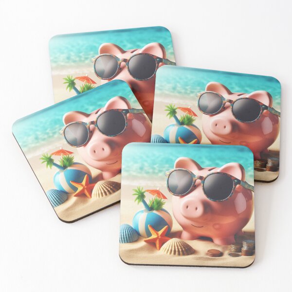Item preview, A piggy bank on a sunny beach wears sunglasses, hinting at financial planning for vacations designed and sold by homydesign.