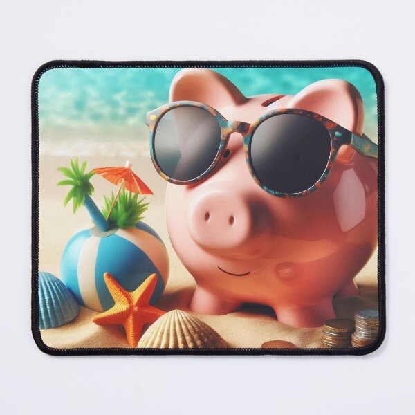 Item preview, A piggy bank on a sunny beach wears sunglasses, hinting at financial planning for vacations designed and sold by homydesign.