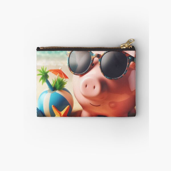 Item preview, A piggy bank on a sunny beach wears sunglasses, hinting at financial planning for vacations designed and sold by homydesign.