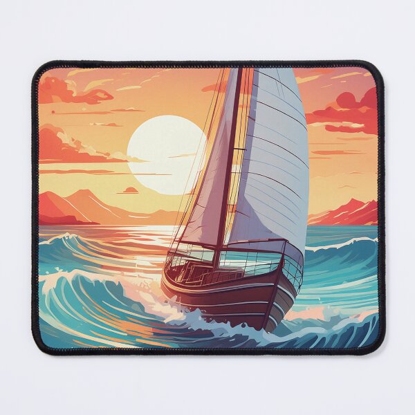 Item preview, A sailboat sails through vibrant waves under a fiery sunset, its silhouette framed by the setting sun designed and sold by homydesign.