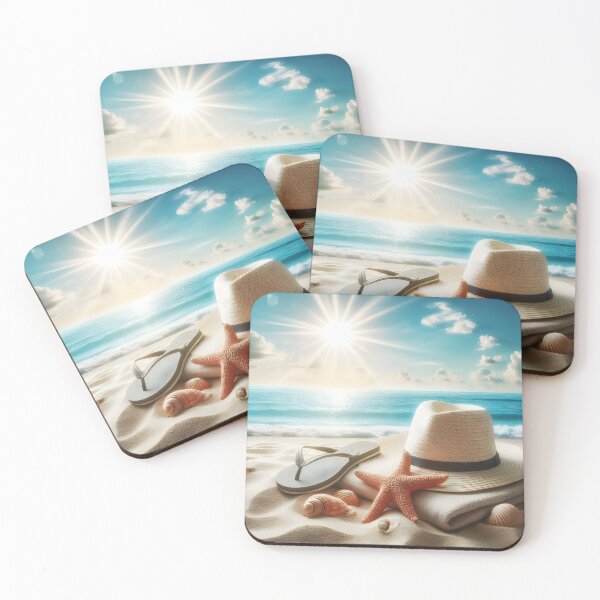 Item preview, A sun hat, flip-flops, seashells and starfish on a sunny beach designed and sold by homydesign.