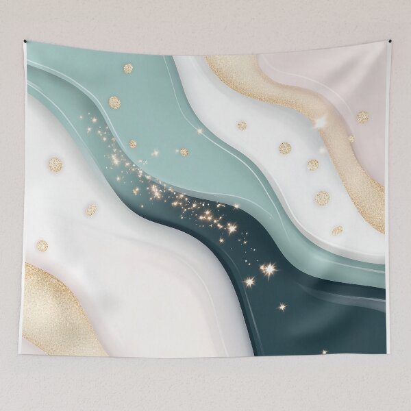 Item preview, Teal and Gold Waves With Glittering Stars designed and sold by GoldenTealArts.