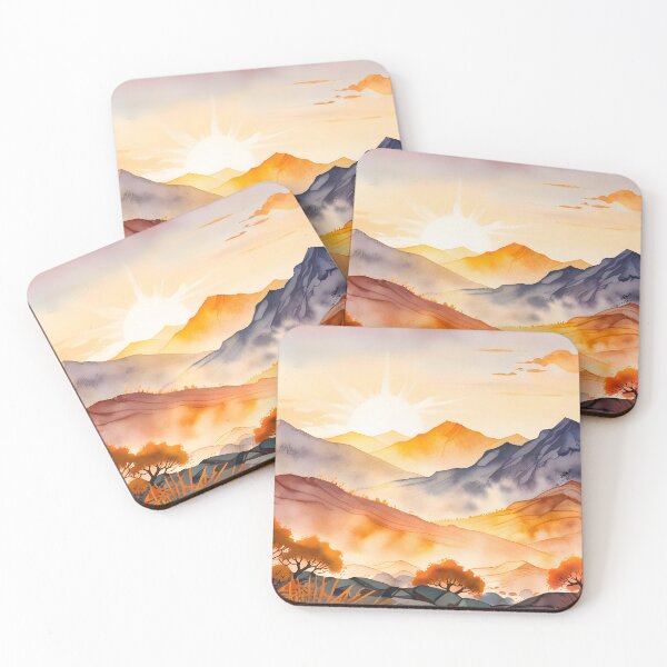 Item preview, Sunlit Trees and Shadowed Valleys, Watercolor Sunrise Landscape, Golden Hour Glow Mountain View, Autumn Minimalistic Vibes designed and sold by Kintsugi99.
