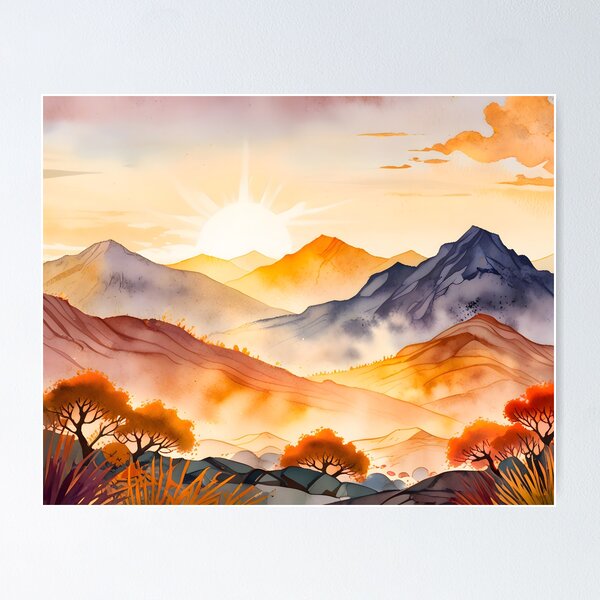 Artikelvorschau, Sonnenbeschienene Bäume und schattige Täler, Aquarell-Sonnenaufgangslandschaft, Blick auf die Berge zur goldenen Stunde, minimalistische Herbststimmung entworfen und verkauft von Kintsugi99.