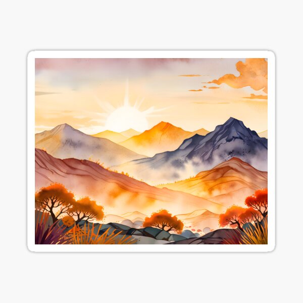 Item preview, Sunlit Trees and Shadowed Valleys, Watercolor Sunrise Landscape, Golden Hour Glow Mountain View, Autumn Minimalistic Vibes designed and sold by Kintsugi99.