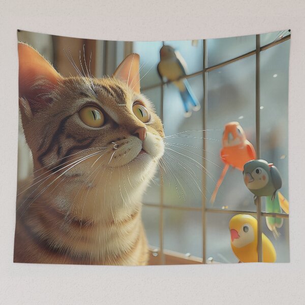 Item preview, Curious Feline Gazes Admiringly at Vibrant Avian Visitors designed and sold by CheerForGoods.