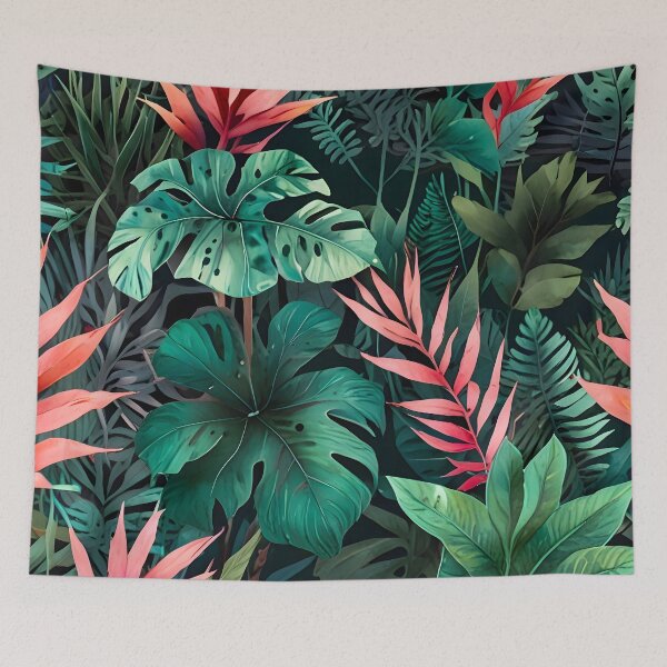 Artikelvorschau, Regenwald-Fantasie, tropische Blätter in Aquarellfarbe, rosa und grüner botanischer Dschungel, nahtloses ästhetisches Sommermuster, üppige exotische Natur entworfen und verkauft von Kintsugi99.