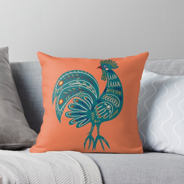 Aperçu de l'œuvre Poule aux motifs colorés, coq turquoise avec fleurs, sorbier et folklore créée et vendue par Dormitria.
