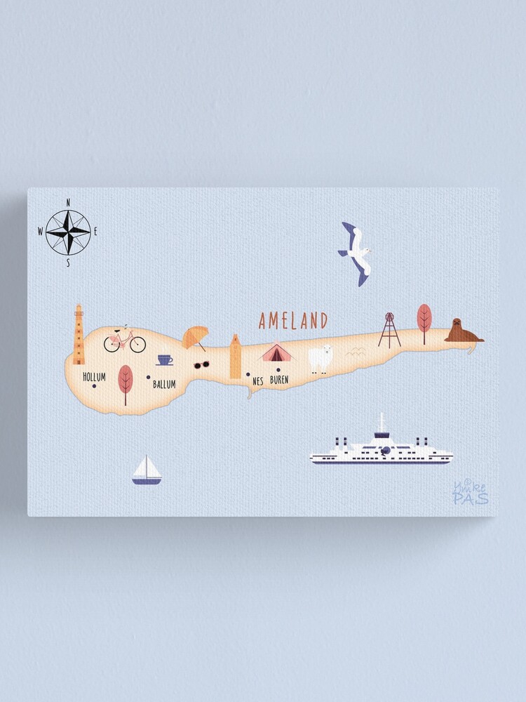 Thumbnail 2 of 3, Canvas Print, Illustrated map of Ameland designed and sold by ymkesinfogr.