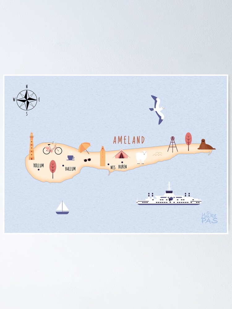 Thumbnail 2 of 3, Poster, Illustrated map of Ameland designed and sold by ymkesinfogr.