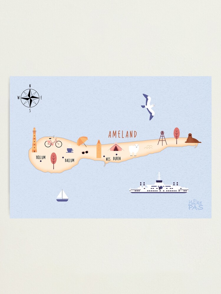 Thumbnail 2 of 3, Photographic Print, Illustrated map of Ameland designed and sold by ymkesinfogr.