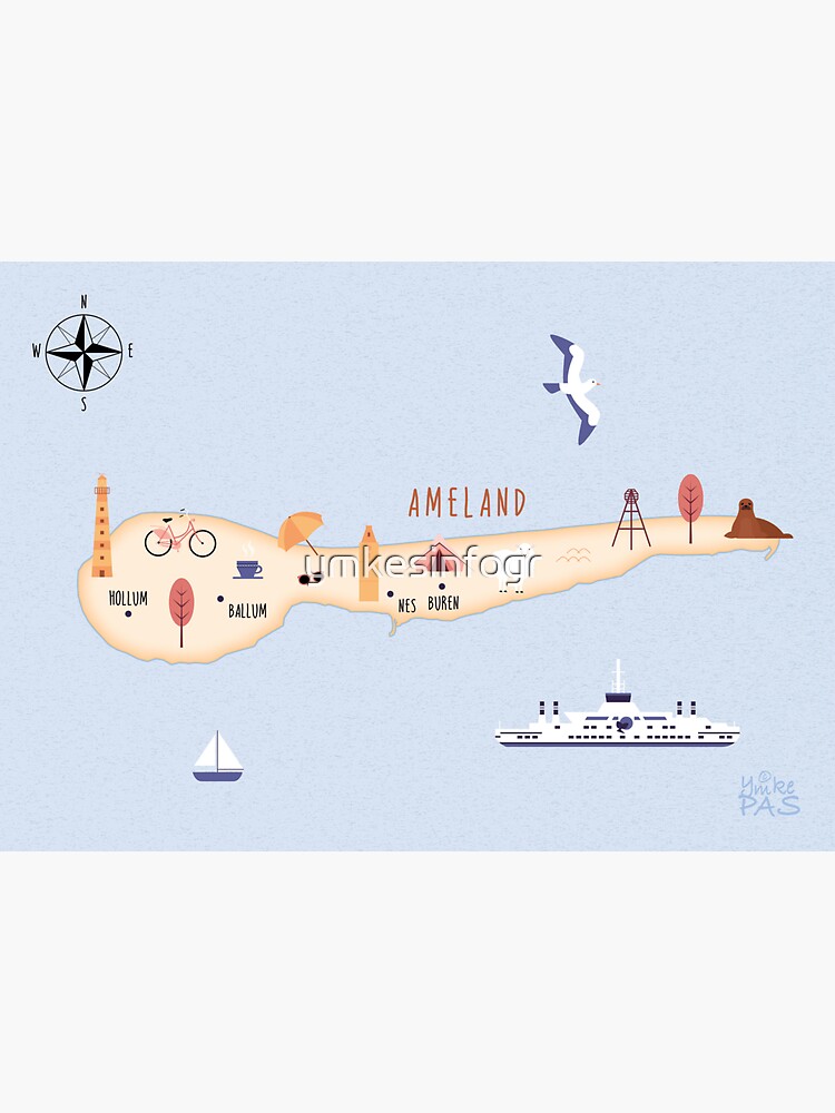 Thumbnail 4 of 4, Sticker, Illustrated map of Ameland designed and sold by ymkesinfogr.