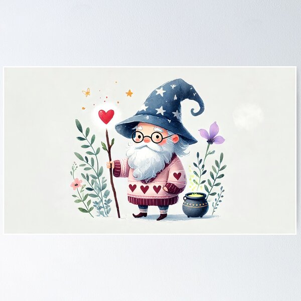 Item preview, Cute old wizard wearing heart sweater illustration in watercolor style	 designed and sold by Giuseppe Cammino.