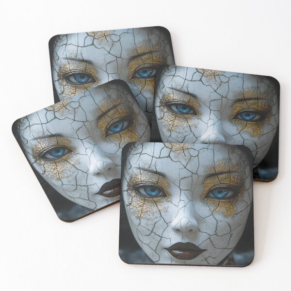 Item preview, Cracked porcelain face with vivid blue eyes and gold designed and sold by Artessie.