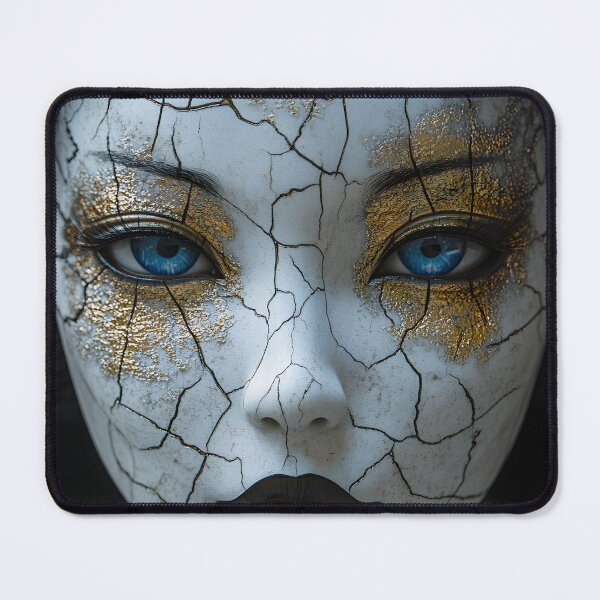 Item preview, Cracked porcelain face with vivid blue eyes and gold designed and sold by Artessie.