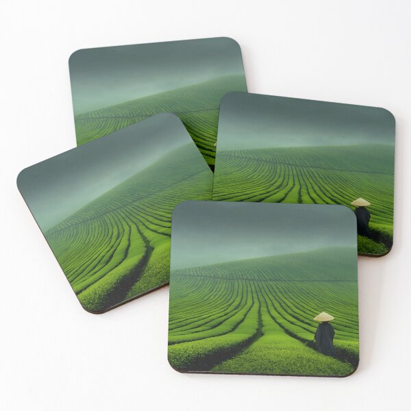 Item preview, Serene tea field with fog and a lone figure in hat. designed and sold by Artessie.