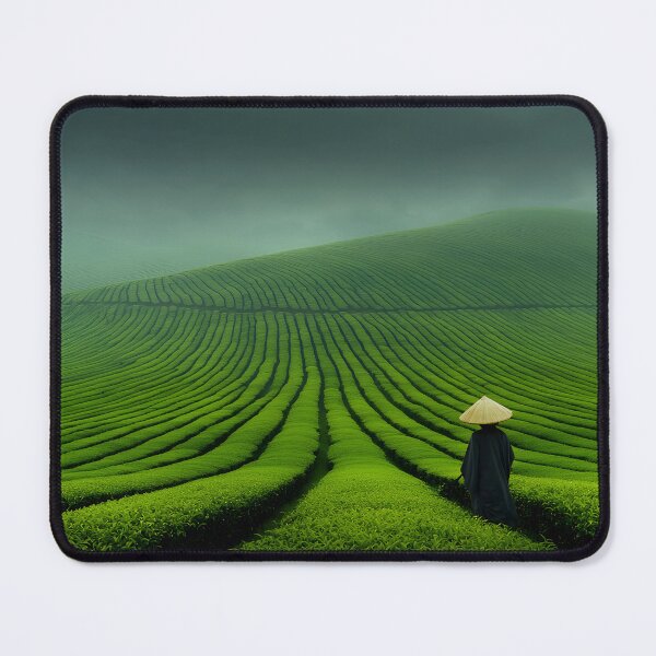 Item preview, Serene tea field with fog and a lone figure in hat. designed and sold by Artessie.