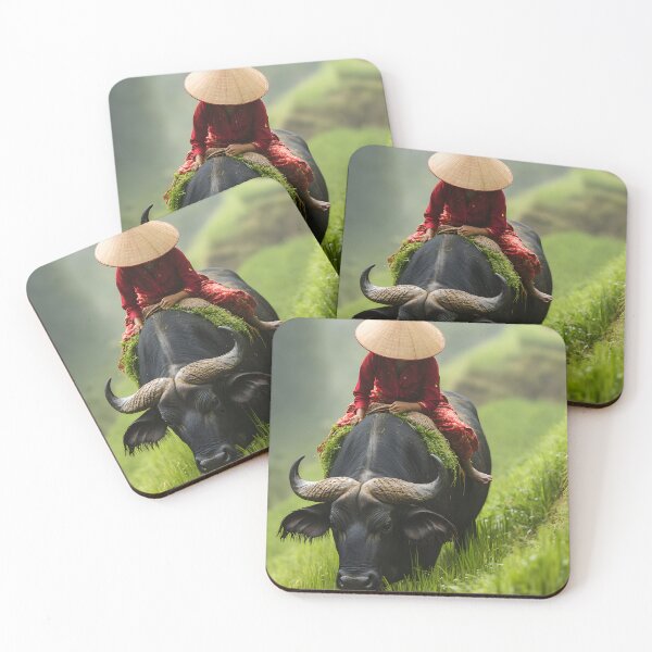 Item preview, Person on buffalo in lush green terraced rice fields designed and sold by Artessie.