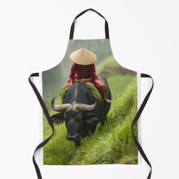 Item preview, Person on buffalo in lush green terraced rice fields designed and sold by Artessie.