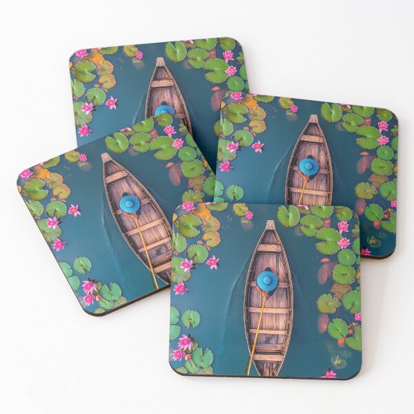 Item preview, Boat navigating through vibrant pink lotus flowers pond. designed and sold by Artessie.