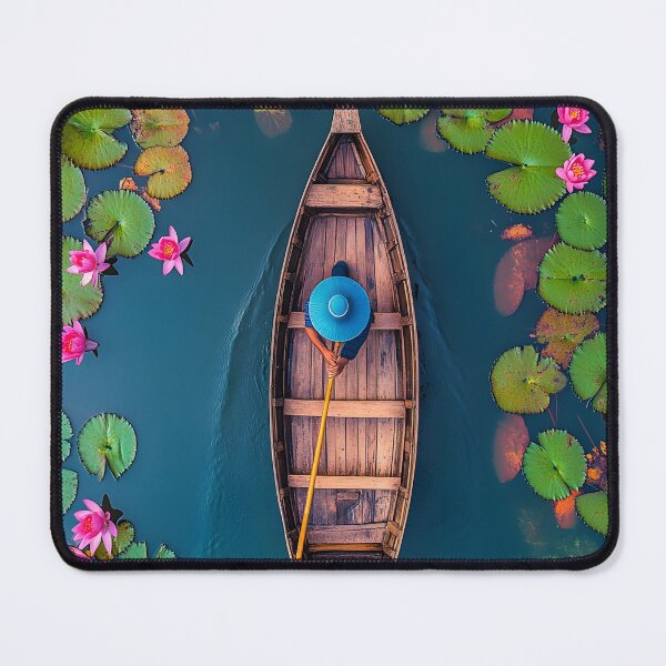 Item preview, Boat navigating through vibrant pink lotus flowers pond. designed and sold by Artessie.