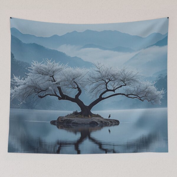 Item preview, Lonely tree in hoarfrost on an island on a lake designed and sold by Sigtrix.
