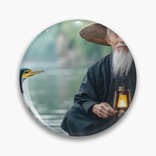 Item preview, Elderly Man with Lantern on Boat with Cormorant Bird designed and sold by Artessie.