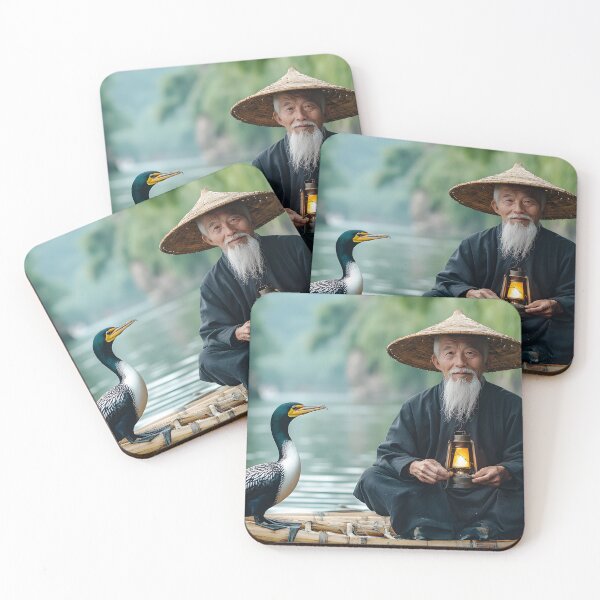 Item preview, Elderly Man with Lantern on Boat with Cormorant Bird designed and sold by Artessie.