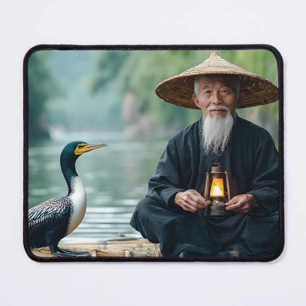 Item preview, Elderly Man with Lantern on Boat with Cormorant Bird designed and sold by Artessie.