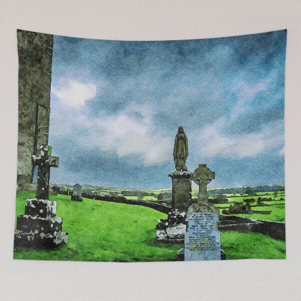 Item preview, Watercolor painting of Rock of Cashel cemetery in Ireland with dramatic sky designed and sold by GestaltImagery.