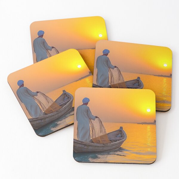 Item preview, Fisherman at sunrise in tranquil waters on wooden boat designed and sold by Artessie.