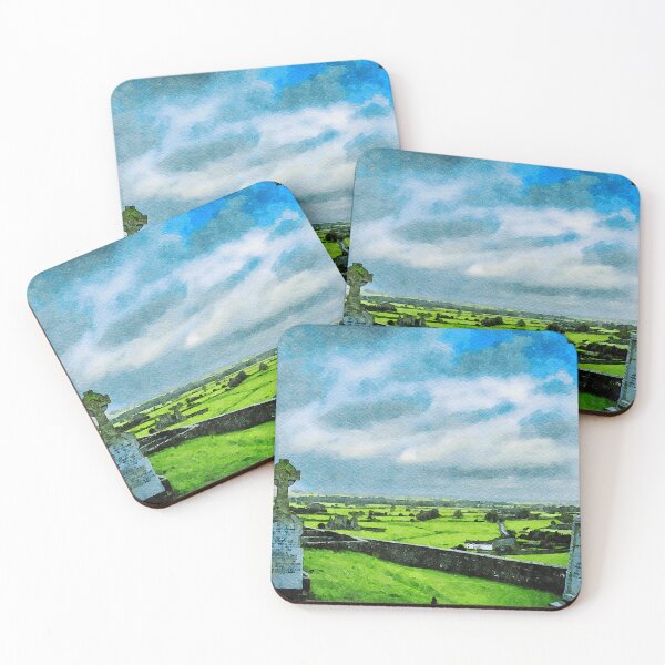 Item preview, Watercolor depiction of Rock of Cashel cemetery amidst rolling Irish landscape designed and sold by GestaltImagery.