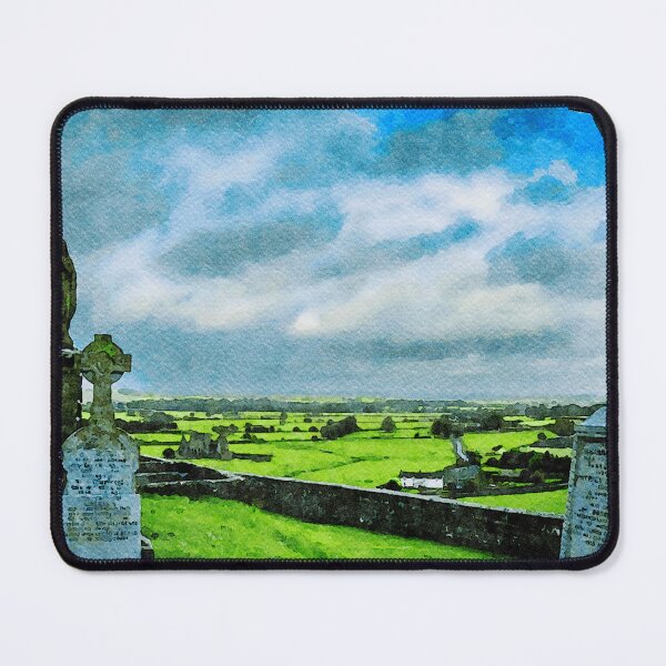 Item preview, Watercolor depiction of Rock of Cashel cemetery amidst rolling Irish landscape designed and sold by GestaltImagery.