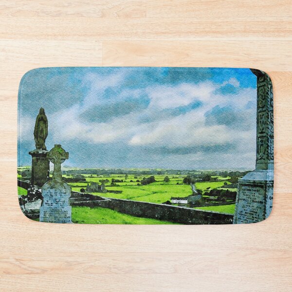 Item preview, Watercolor depiction of Rock of Cashel cemetery amidst rolling Irish landscape designed and sold by GestaltImagery.