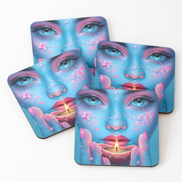 Item preview, Blue-skinned woman holding a glowing floral candle art designed and sold by Artessie.