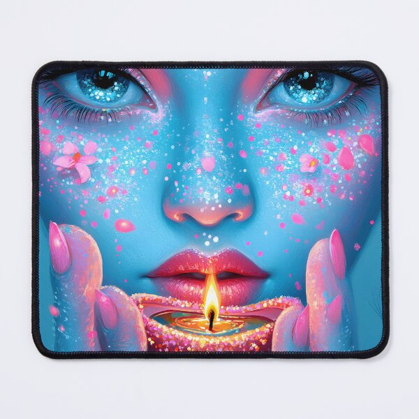 Item preview, Blue-skinned woman holding a glowing floral candle art designed and sold by Artessie.