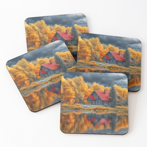 Item preview, Scenic cabin by autumn lakeside under dramatic skies designed and sold by Artessie.