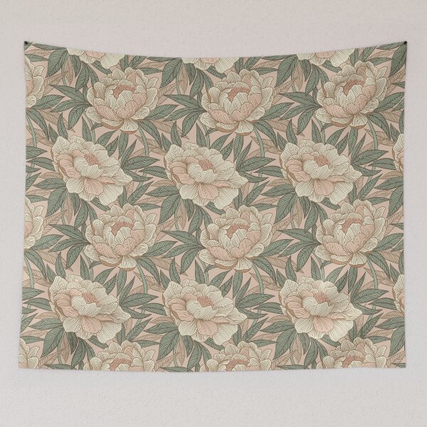 Item preview, Pastel Peach Peonies with Sage Green Leaves and Blush Cream Petals designed and sold by micklyn.