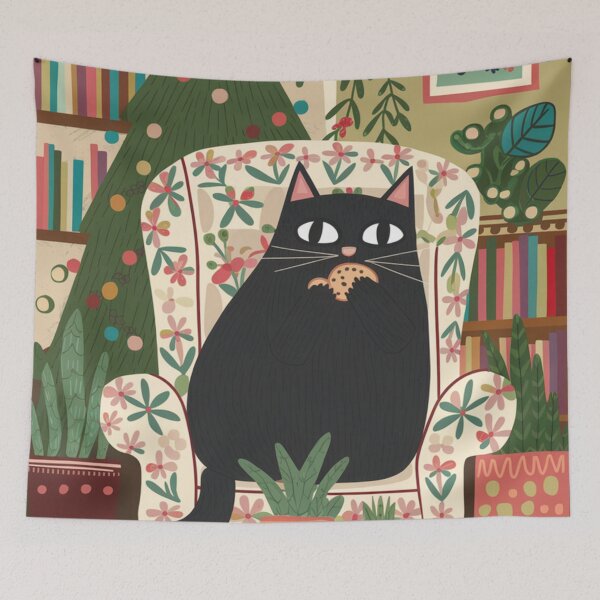 Item preview, A cute black kitten in a festive Christmas mood is chilling in an armchair eating cookies.  designed and sold by SaraSumi.