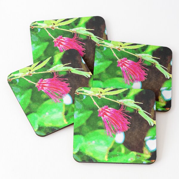 Item preview, Vibrant watercolor of a red powder puff flower in a lush green foliage designed and sold by GestaltImagery.